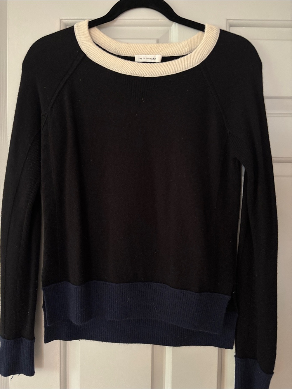 rag & bone Black Crewneck Sweater with Ivory Neck and Navy Trim
